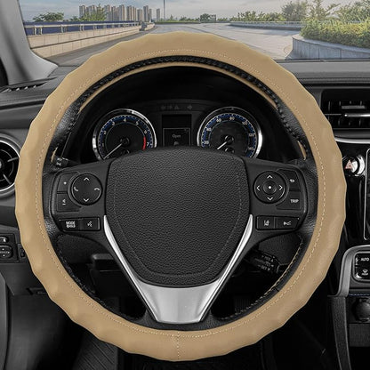 BDK Genuine Beige Leather Steering Wheel Cover for Car, Medium (14.5" - 15.5") – Ergonomic Comfort Grip for Men & Women, Universal Fit Car Steering Wheel Cover for Most Vehicles