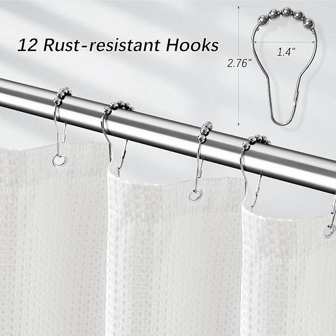 PANGSINNE White Shower Curtain 256GSM Weighted Waffle Water Repellent Heavy Duty Fabric, Machine Washable Hotel Quality Bathroom Shower Curtain Set with 12 Metal Hooks, 72Wx72H