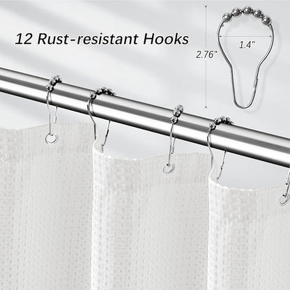 PANGSINNE White Shower Curtain 256GSM Weighted Waffle Water Repellent Heavy Duty Fabric, Machine Washable Hotel Quality Bathroom Shower Curtain Set with 12 Metal Hooks, 72Wx72H