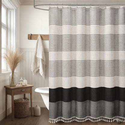 XOGUIBO Black Shower Curtain Boho Linen Striped Shower Curtains for Bathroom with Tassel 72 X 72