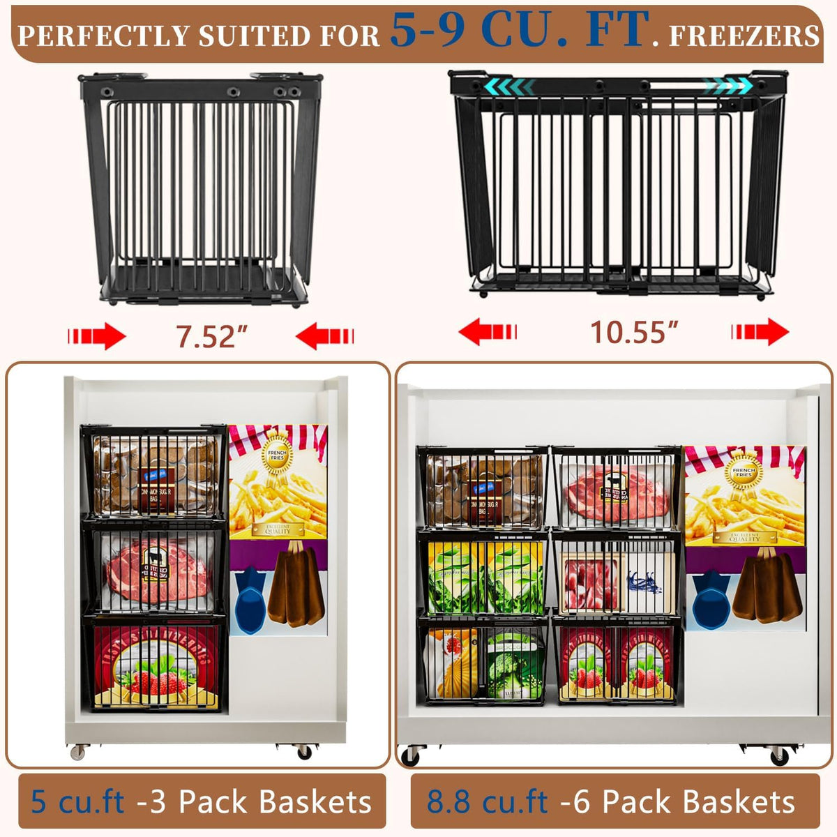 Large Freezer Organizer Bins，Upgraded Bottom Leak-Proof net，Fit 5 to 9 Cu Ft Chest Freezer，4 Pack， Expandable Stackable Chest Freezer Containers with Handle (Black--4Pack)