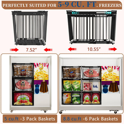 Large Freezer Organizer Bins，Upgraded Bottom Leak-Proof net，Fit 5 to 9 Cu Ft Chest Freezer，4 Pack， Expandable Stackable Chest Freezer Containers with Handle (Black--4Pack)