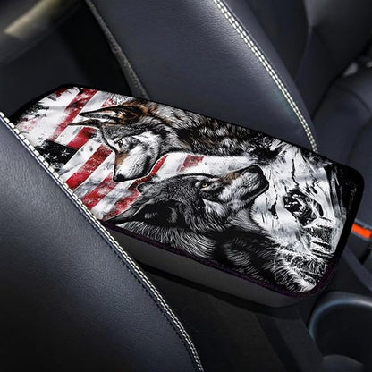 American Flag Wolf Car Armrest Cover Protector Dustproof Auto Center Console Cover Pad Universal Cars Armrest Seat Box Covers Cushion USA Flag Wolf Car Accessories Decor