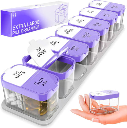 Extra Large Weekly Pill Organizer - XL Vitamin Holder with 7 Detachable AM PM Compartments - Portable Medicine Dispenser for Home and Travel, Big Supplement Container for Weekly or Daily Use, Purple