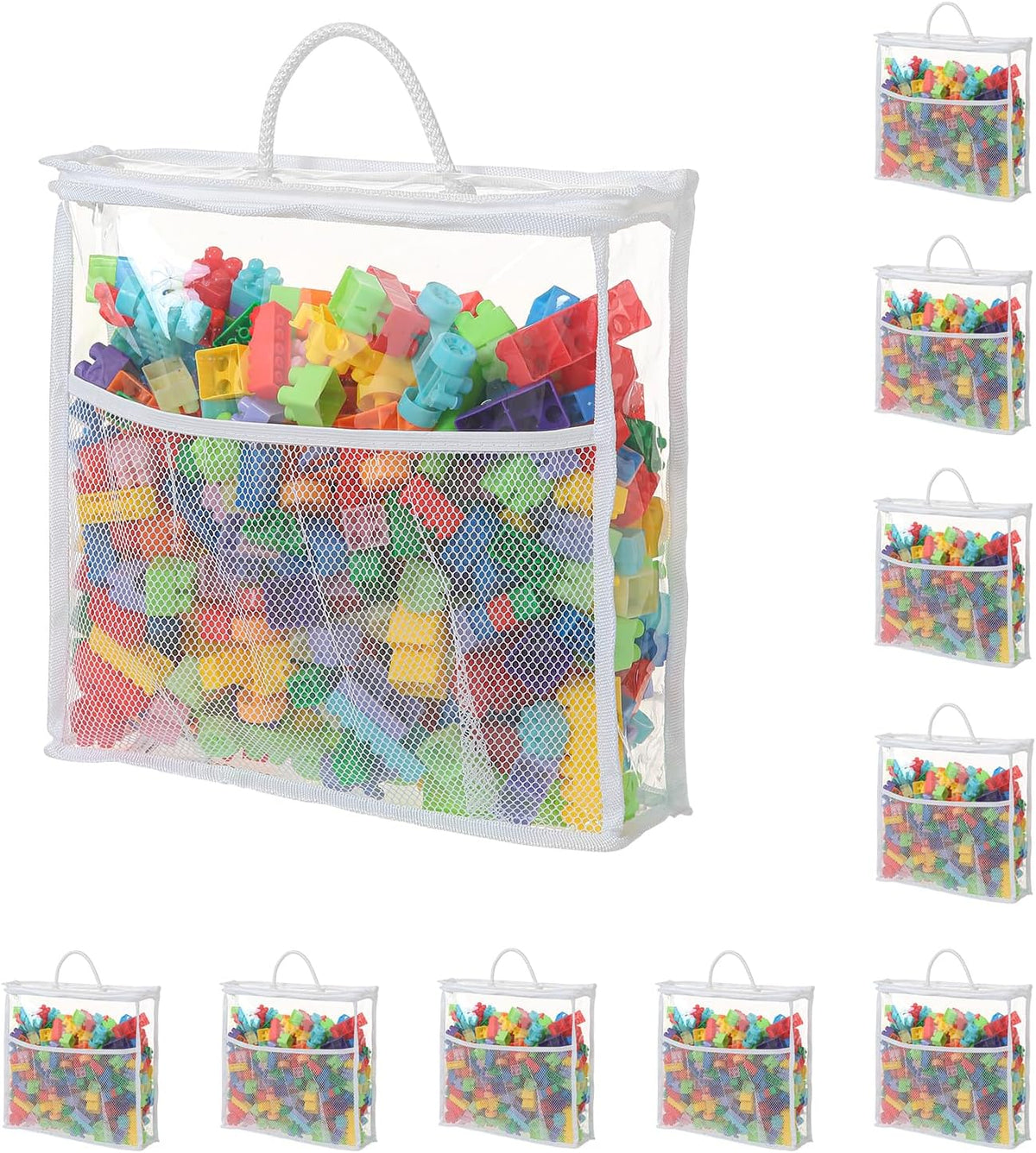 10 PCS Clear Zippered Toy Storage Bags with handle, Kids Toy Storage Organizer with Mesh Pocket for Instructions, Playroom Organizer Plastic Bags for Blocks Set Puzzles-White