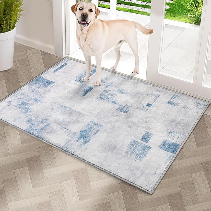 COMSLE Door Mat, Front Door Mat Indoor for Entrance Faux Wool Absorbent Non Slip Modern Throw Rug for Entryway Hallway Muddy Paws - Pet Friendly, 20x32 Inches,Square Blue Machine Washable