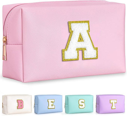 TOPEAST Initial Makeup Bag, Birthday Gifts for 4 5 6 7 8 9 10 11 12 Year Old Teen Girls, Personalized Preppy Cosmetic Bags Toiletry Bag (Pink A)