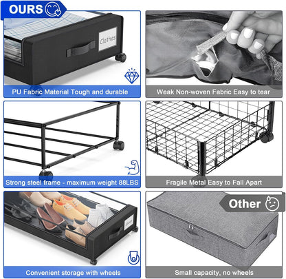 Beborxue Under Bed Storage with Wheels, 4-Pack UnderBed Storage Containers with Clear Lids, XXL 60L Under the Bed Storage Organizer Bins, Rolling Under Bed Metal Drawer for Clothes,Shoes,Toys (Black)