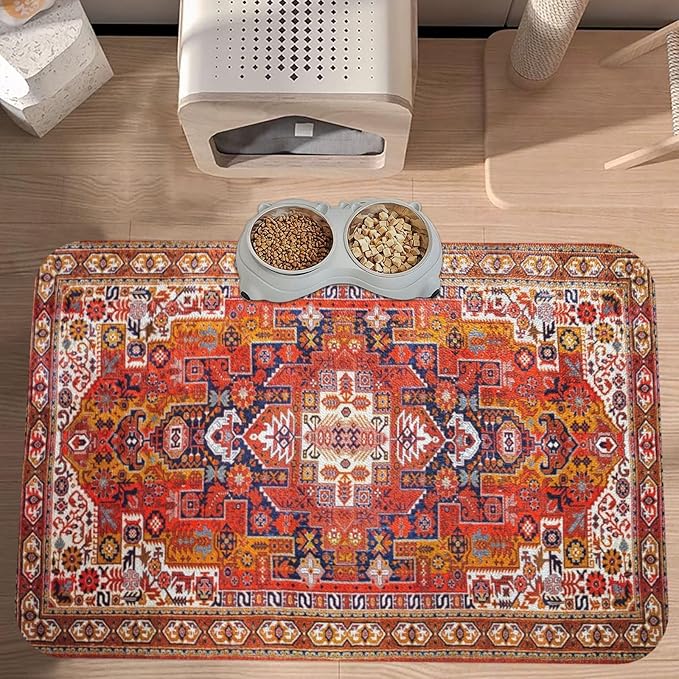 Boho Folk Geometric Ornament Dog Food Mat Absorbent Bowl Mats No Stains Quick Dry Waterproof Pet Cat Placemats for Food and Water, 30x45cm