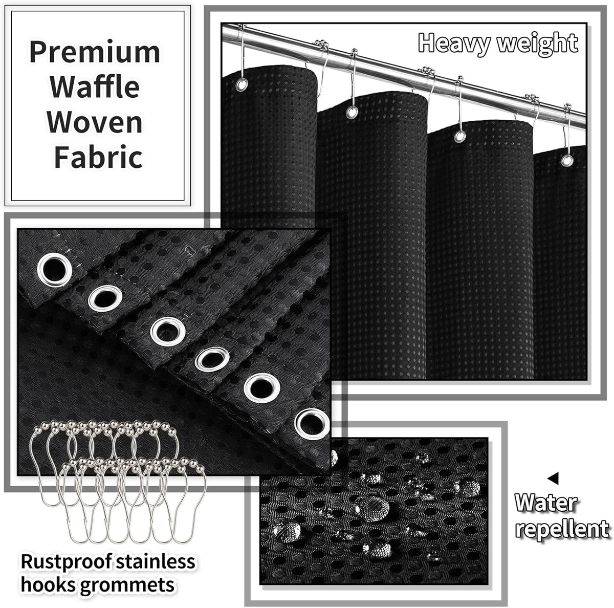 Bathroom Accessories Set - 25PC Black Bathroom Set, Bathroom Set with Shower Curtain and Rugs, Black Shower Curtain Set & Bathroom Rugs
