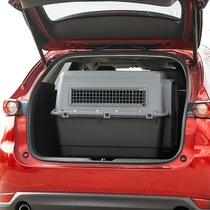 SportPet Airline Approved Wire Door Travel Dog Crate, Durable Plastic Pet Travel Kennel with Removable Wheels,Collapsible, Food Bowls & Accessories,Fits Dogs up to 32" L & 24" H - X-Large -Gray/Black