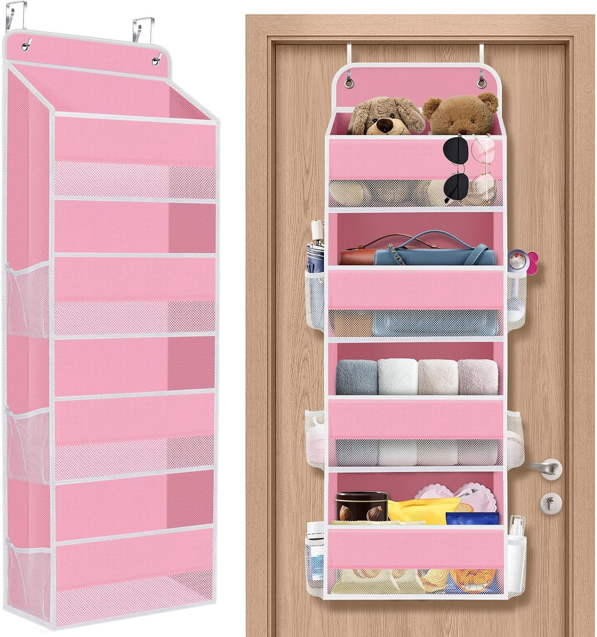 1 Pack Over The Door Organizer Hanging Storage Organizers with Clear Window 40lb Large Capacity Room Organizer for Pantry Laundry Bathroom Nursery Closet(Pink)