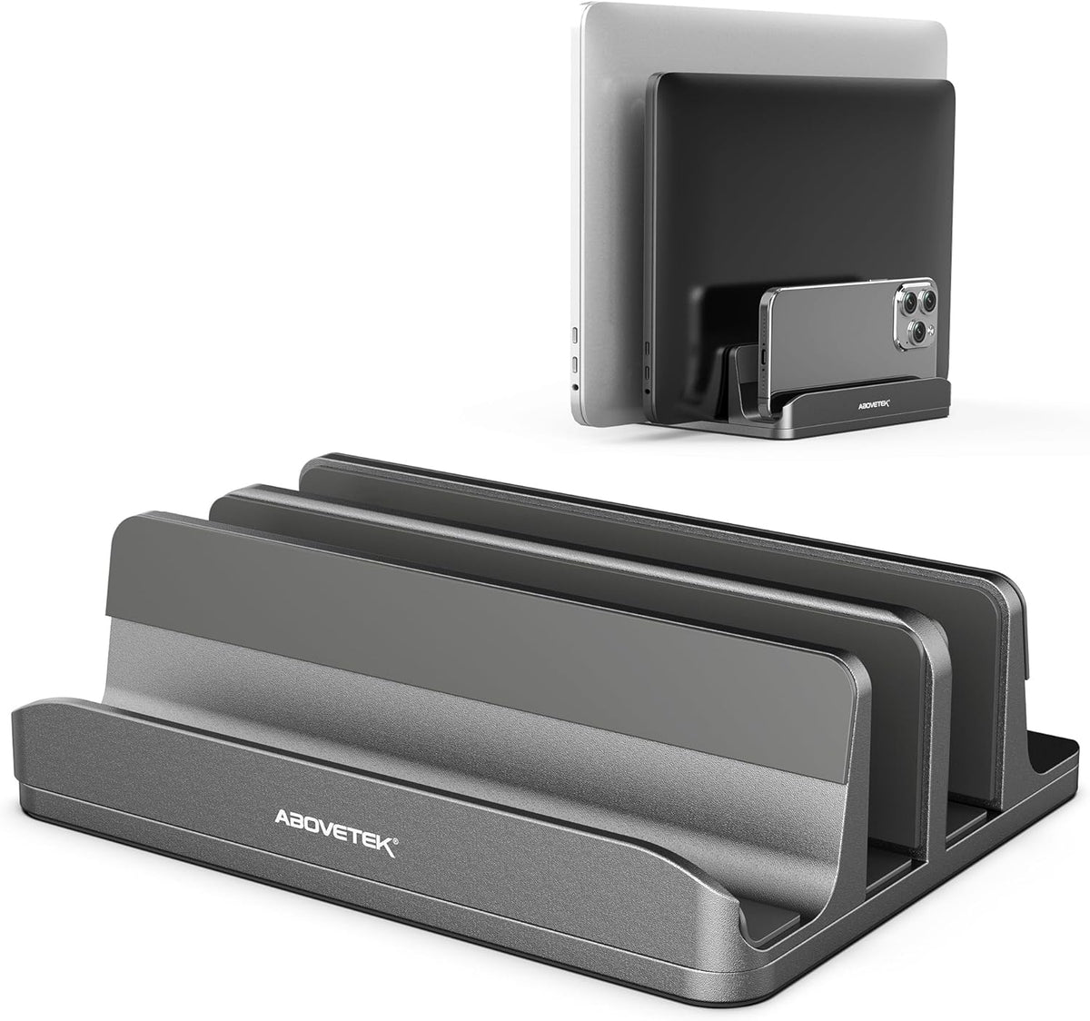 AboveTEK Vertical Laptop Stand, 3 Slots Aluminum Desk Laptop Holder & Laptop Docking Station Stand for MacBook, Tablet, Phone - Universal Fit (Up to 17.3") - Heavy Duty Polished, Anti Slide - Grey