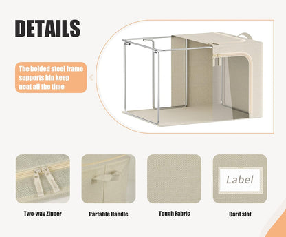 3 Openings Clothes Storage Bins with Metal Frame, Foldable Storage Bin for Clothes, Clothing Storage Bins with Lid, Linen Storage Box With Clear Window＆ Zippers＆ Durable Handles.(3 Pcs,Beige,40L)