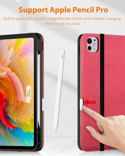 DTTO for iPad Pro 13 inch Case (M5/M4) 2025/2024, Premium Leather Business Folio Stand Cover with Pencil Holder-Auto Wake/Sleep & Multiple Viewing Angles, Built in Hand Strap & Pocket, Watermelon red