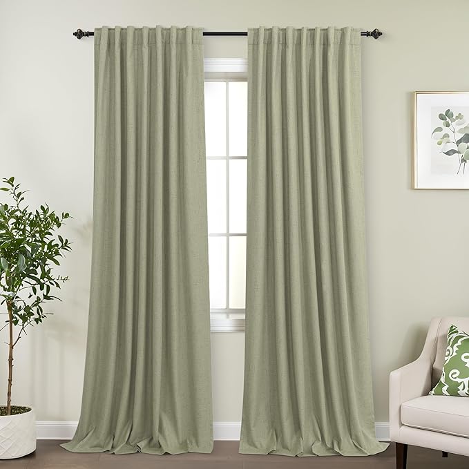 KOUFALL Sage Green Back Tab Linen Blackout Curtains 52x90 Inches Long