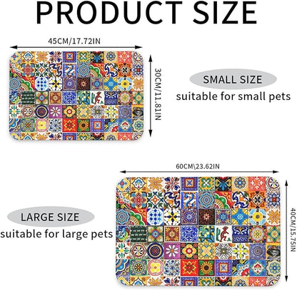 Bohemian Chic Floral Dog Food Mat Absorbent Bowl Mats No Stains Quick Dry Waterproof Pet Cat Placemats for Food and Water, 30x45cm