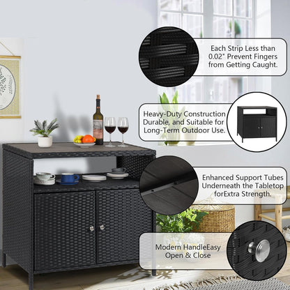 Garvee Patio Outdoor Wicker Storage Cabinet with Shelf, Powder Coated Steel, Patio Bar Table with 2-Door and Shelf, All Weather Resin Wicker, Patio Pool Garden Kitchen, Grey Table