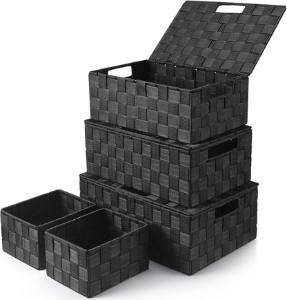 Storage Bins Baskets for Organizing with Lids, Storage Baskets for Shelves Stackable Woven Basket, Gift Small Basket Storage Cubes, Decorative Wicker Basket with Built-in Handles (5 Pack, Black)