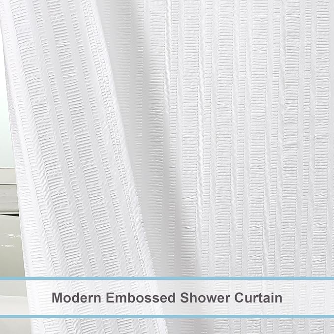 Aiyufeng Moga White Extra Long Shower Curtain 72 x 84, 3D Embossed Textured Fabric Shower Curtain for Bathroom, Water Repellent, Machine Washable, White