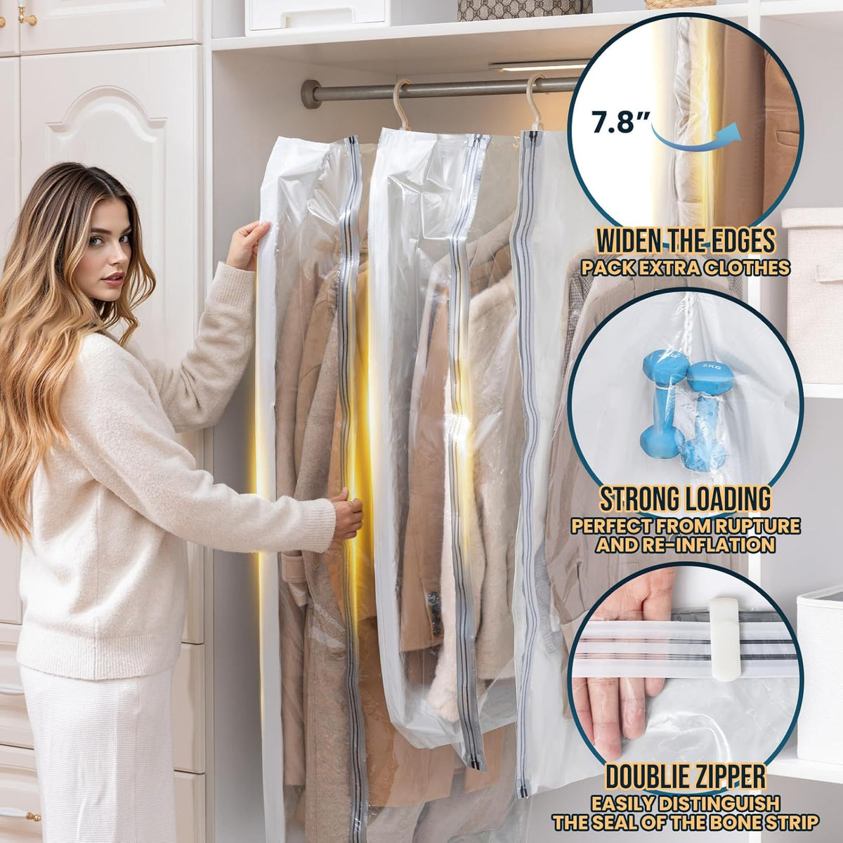 TAILI Hanging Vacuum Sealer Storage Space Saver Bags for Clothing, Suits and Jackets, Closet Organizers, Wider Sides (3 Long, 3 Short) Cream