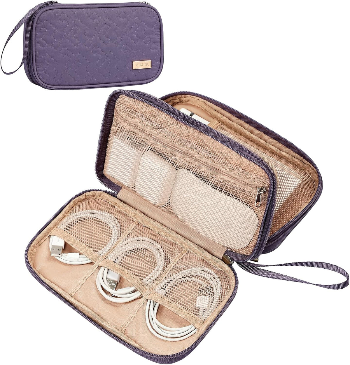 NISHEL Travel Cord Organizer Case, Double Layers Tech Electronic Bag, Essentials for Charger, Cable, Phone, Flash drive, Medium, Purple