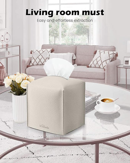 Tclouda Tissue Box Cover for PU Leather, Modern Simple Solid Color Holder Square Tissue Bag, Ideal for Bathrooms,Office,Car,Outdoor Tent,Dining Table,5"X5"X5", Double Off-White