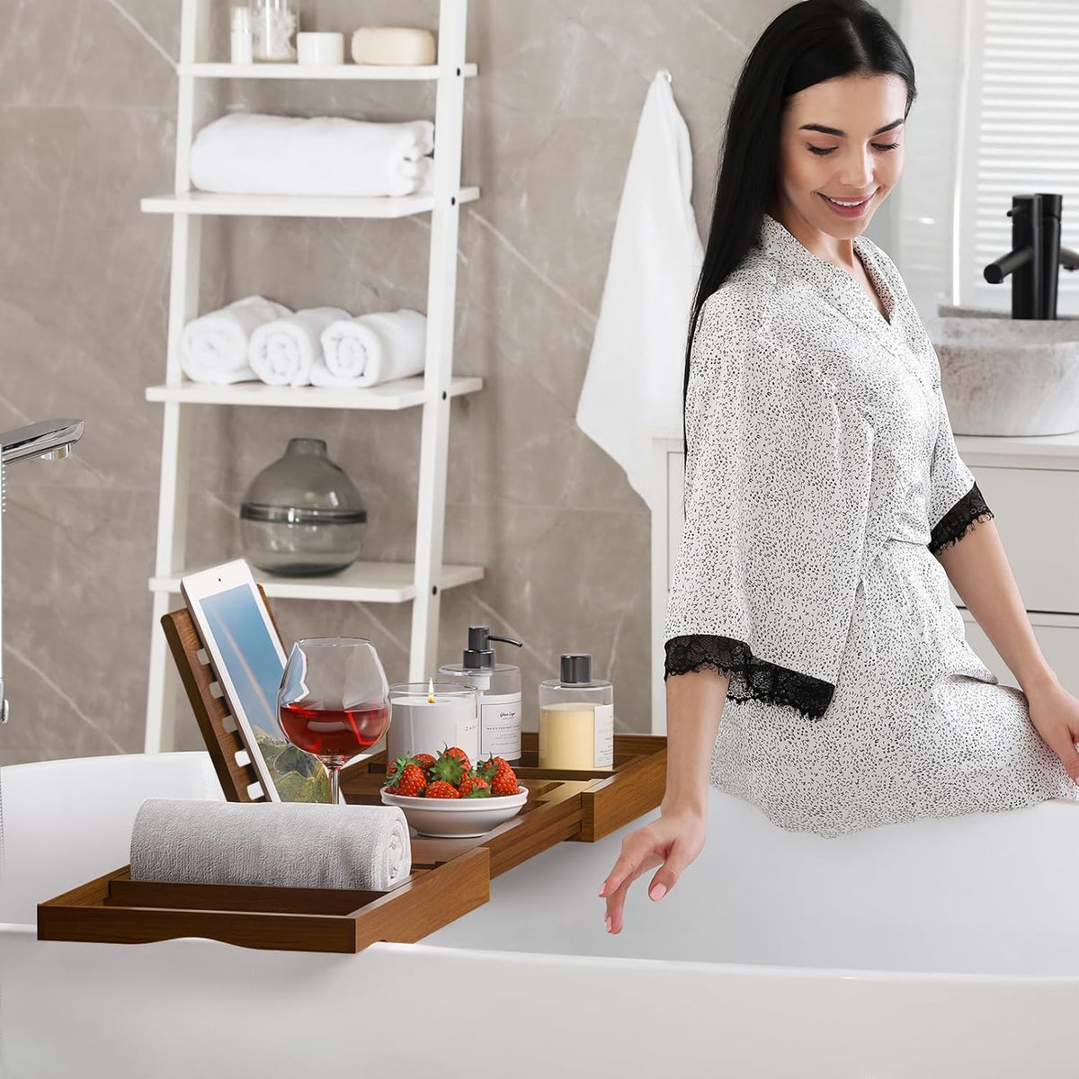 Wooden Bathtub Tray for Luxury Bathroom, Expandable Premium Teak Bath Tray, Adjustable Bath Accessories for Tub, as Unique Housewarming, Holiday, Birthday Gifts
