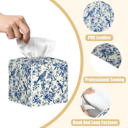 BLYKVGHQ Bird on Blooming Branches Tissue Box Cover Square, Blue Flower Tissue Box Holder with Bottom Belt Leather Facial Paper Organizer Dispenser for Bathroom Bedroom Dresser Night Stand Tabletop