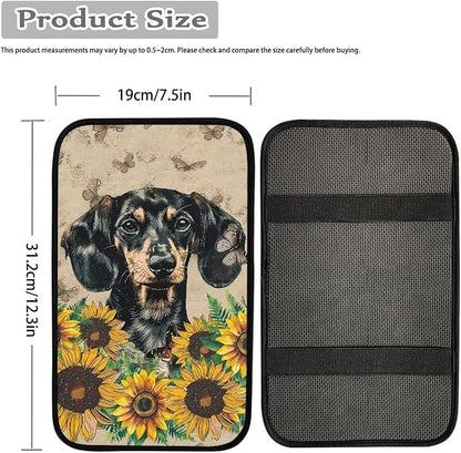 Suobstales Dachshund Sunflower Butterfly Print Car Accessories Center Console Cover Replacement, Universal Armrest Cover for Car Center Console for Truck Sedan SUV