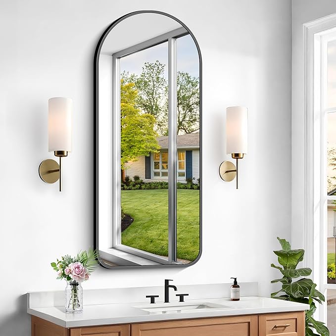 Arched Bathroom Mirror, Wall Mounted Mirror, Vanity Wall Mirror w/Metal Frame