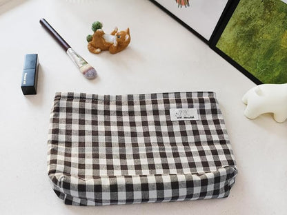 HAPPYHEIDI Brown Gingham Cotton Makeup Bag Cosmetic Travel Pouch Purse Organizer, Zipper Closure, Canvas Lined, Vintage Coffee Brown