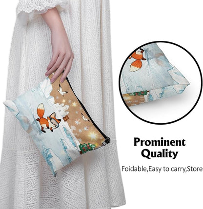 Cafl Fox Ice Skating Makeup Bag Travel Large Fox Cosmetic Bag Organizer toiletry Essentials Jewelry Zipper Bag Gift For Women -10×8 inch