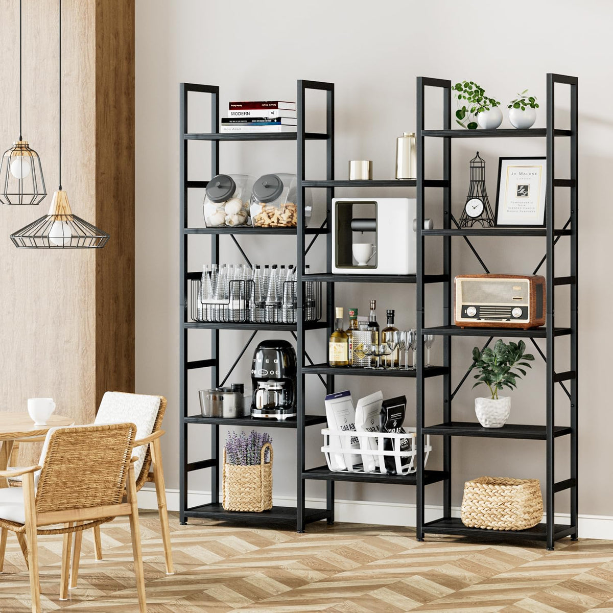 NUMENN Triple Column 5 Tier Bookshelf, Bookcase with 14 Open Display Shelves, Adjustable Rustic Industrial Style Book Shelves, Modern Bookshelves for Bedroom, Living Room and Home Office, Black