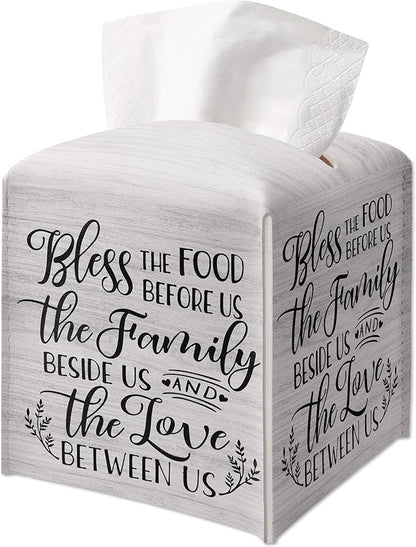 Christian Decorative Tissue Box Cover Square, Wood Pattern Leather Tissue Box Holder, Religious Gift Ideas for Family, Bless The Food Before Us, Bathroom Office Decor-(5.2 Inches)