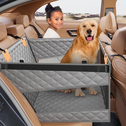 PETICON Large Dog Car Seat, Back Seat Extender for Dogs with 3 Mesh Windows, Waterproof Medium Carseat for Dogs with Hard Bottom, Pet Seat Cover for Cars, Trucks and SUVs (Gray)