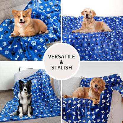 AIWEK Dog Blanket Paw Bone Pattern 1 Pack 1 Super Soft Warm Flannel Sofa Cover Car Bed Protector, Urine Proof Washable Outdoor Pet Blanket for Puppy Large Dogs & Cats,80"*60" Blue