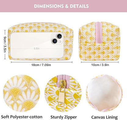 STARDW Aesthetic Floral Makeup Bag with Wrist Strap, Small Cute Cosmetic Pouch for Women with Zipper and Canvas Lining
