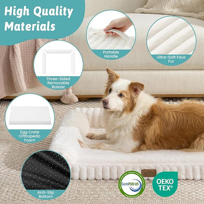 COZY KISS Cute Dog Bed for Large Dogs, Faux Rabbit Fur Orthopedic Foam Dog Bed with Sides, Removable Washable Cover & Waterproof Lining, Comfortable Pet Couch, Cream (44" L x 32" W x 7" Th)