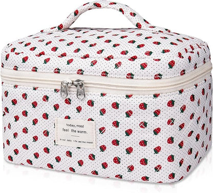 Gosect Large Makeup Bag, Cute Cosmetic Bag for Women Girls, Floral Coquette Aesthetic Toiletry Bag, Travel Make Up Organizer Bag (Strawberry)