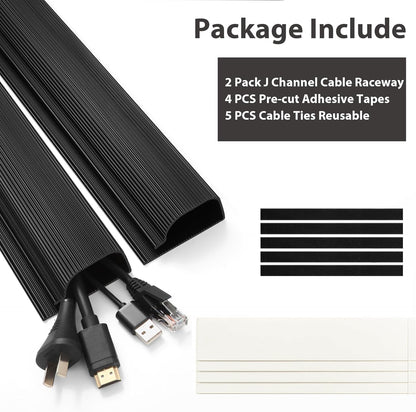 Cable Management Under Desk (31.5in J Channel 2x15.7in) Self Adhesive Cable Raceways Channel, Easy to Install Cord Cover Hider Desk Cord Organizer Electrical Black
