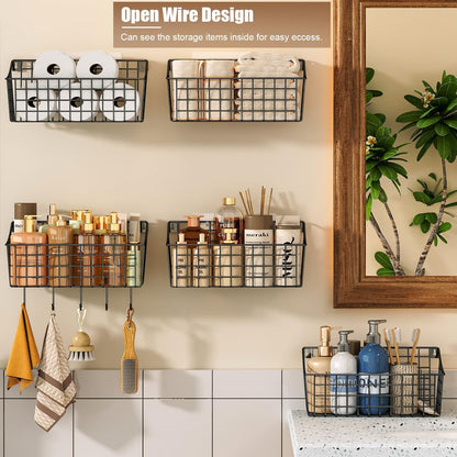 2 Pack Wall Hanging Baskets for Organizing, Large Metal Wire Basket with 5 Hooks+2 Strong Long Adhesive Hooks,Kitchen Hanging Mesh Organizer, Wall Mounted Bin for Kitchen, Bathroom, Bedroom,SUV,Garage