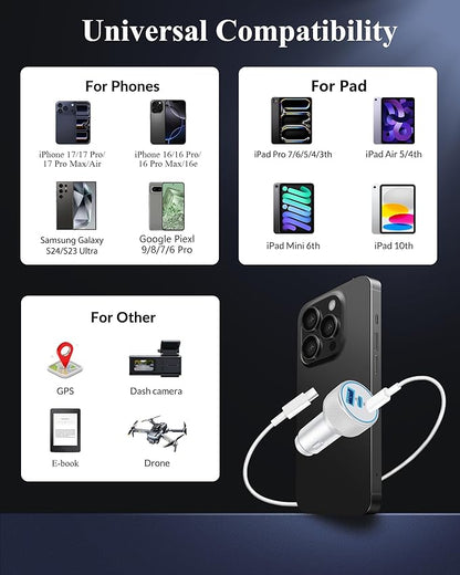 iPhone 17e/17/17 Pro Max Car Charger Fast Charging, 2-Pack 67W 3-Port Fast USB C Car Charger Adapter Cigarette Lighter with 3FT Type C Cable Cord for iPhone 17e/17/17 Pro Max/16/15 Pro Max/Plus, iPad