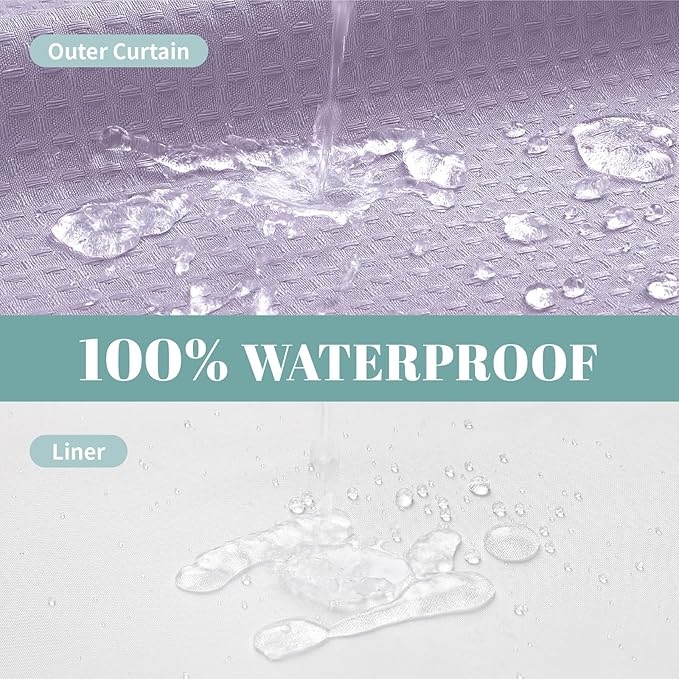 eachope Lavender Extra Long No Hook Waffle Weave Shower Curtain with snap-in Liner Replacement, 230GSM Waterproof Fabric Hotel Shower Curtain Set for Bathroom, Through Mesh Top Window,71Wx86H