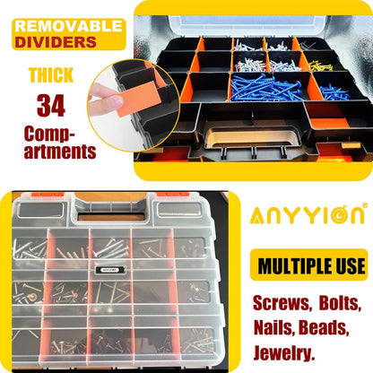 Anyyion Small Parts Organizer, 34-Compartments Double Side parts organizer with Removable Dividers for Hardware, Screws, Bolts, Nails, Beads, Jewelry. (2 Pcs, Orange)