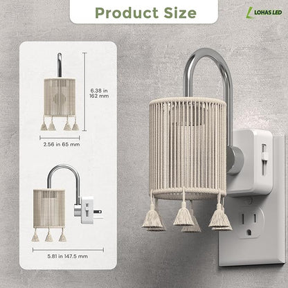 L LOHAS LED Night Lights Plug into Wall, 2 Pack Boho Fabric Cylinder Night Light