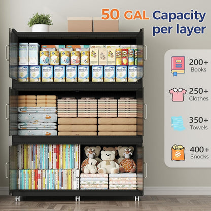 150GAL Extra Large Storage Bins with Lid, 600QT Collapsible Organizer with Wheels, Stackable Closet Cabinet with Doors, Folding Storage Containers for Home, Office, Kitchen, 3Pack Black