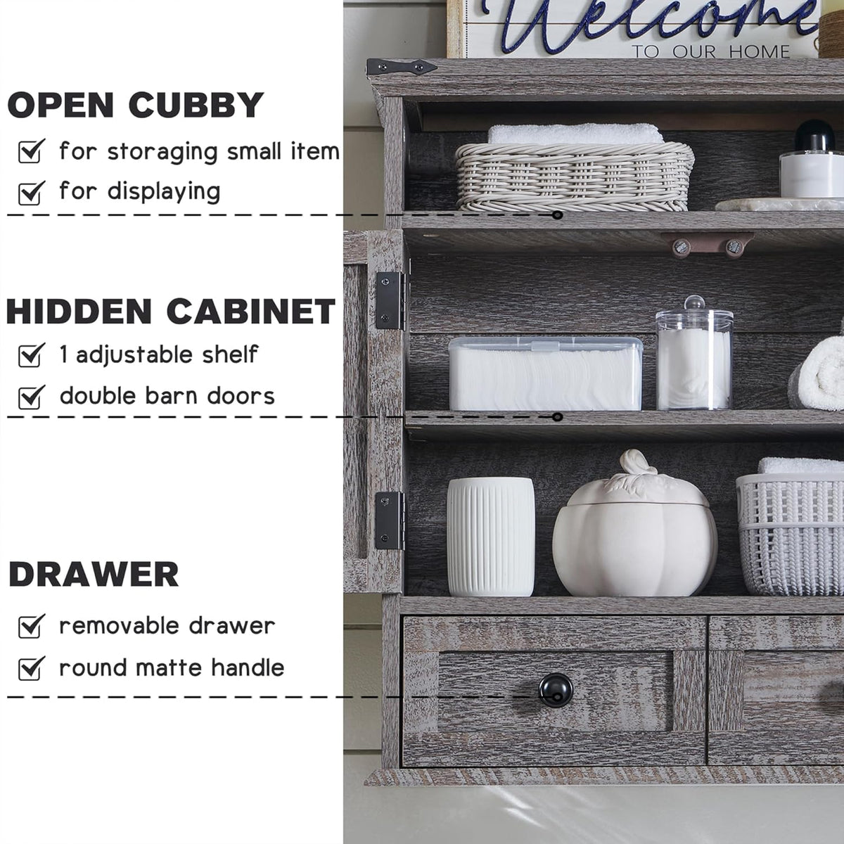 ACCOHOHO Bathroom Wall Cabinet, Farmhouse Medicine Cabinet, 24" Wide Cabinet with Drawer, Adjustable Shelf, Double Barn Doors, Storage Cabinet for Bathroom, Kitchen, Living Room, Grey Wash
