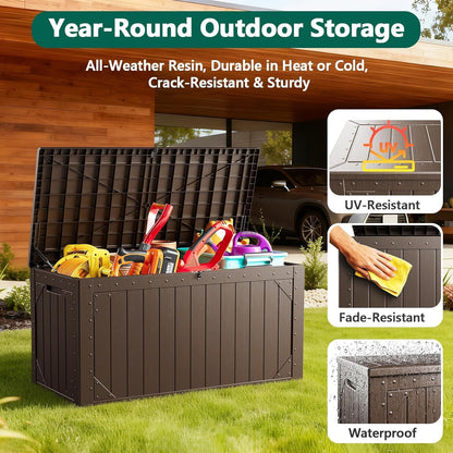 100 Gallon Outdoor Storage Box, Weatherproof Deck Box for Patio Cushions, Throw Pillows, Garden Tools, Lockable Resin Large Outdoor Storage Bench for Yard, Porch, or Balcony