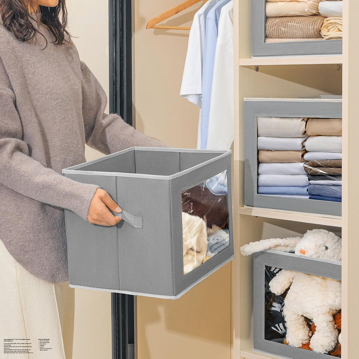 Stackable Storage Bins with Lids - Large Decorative Basket with Lids, Fabric Foldable Closet Organizer Bins, Shelf Organizer for Living Room, Dorm, 5 Pack, Grey